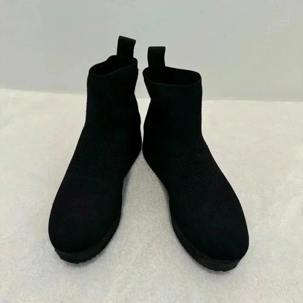 Eileen Fisher Mars Ankle Bootie 6 Black Stretch Knit Wedge Heel Minimali…